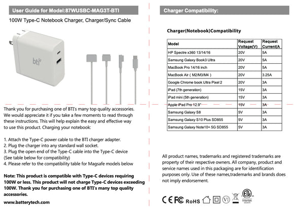 AC ADAPTER WITH USB-C & USB-A PORT - 100W (INCLUDES: USB-C, MAGSAFE 1, MAGSAFE 2, MAGSAFE 3 CABLES)